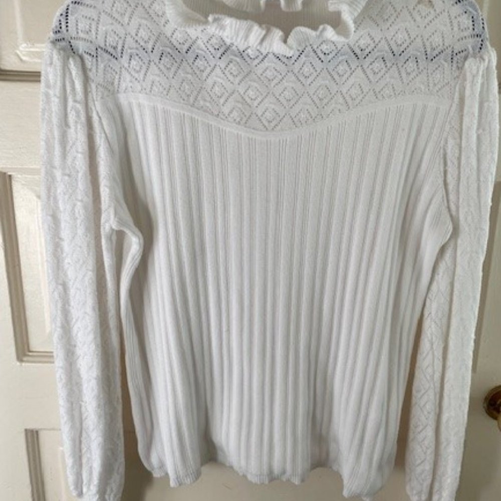 White, ruffled neck/sleeves, lace inset, cotton pullover sweater, 1X